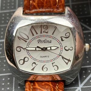 Perlina Quartz Watch Silver Tonneau Case‎ Brown Leather Strap Japan Movt